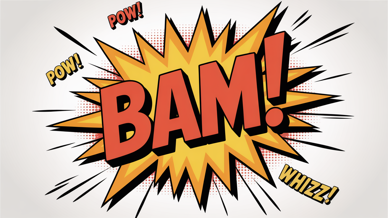 A pop art style illustration of comic book action lines and sound effects on a white background, featuring a central 'BAM!' explosion surrounded by speed lines and smaller 'POW!' and 'WHIZZ!' effects.