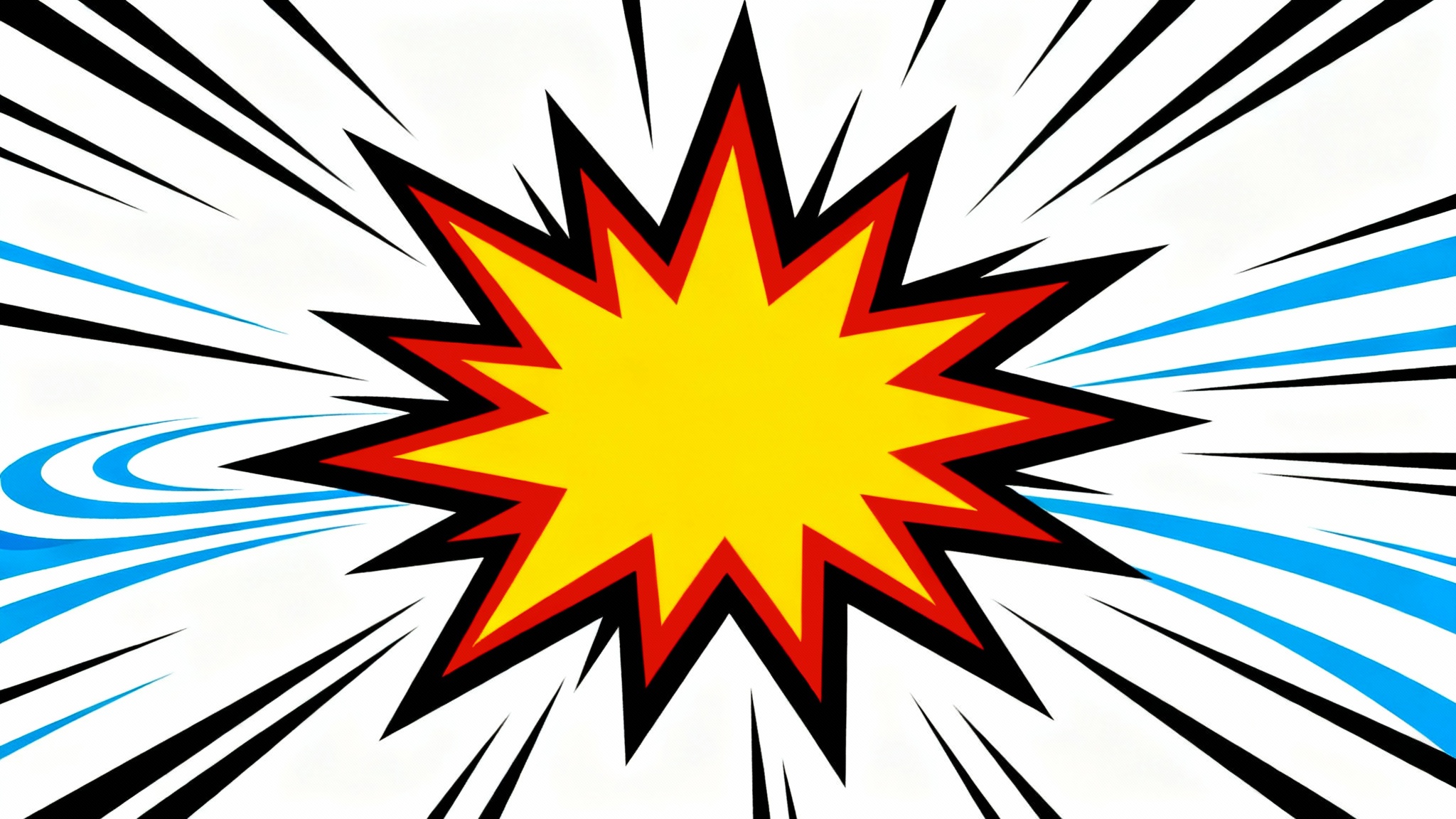 A vibrant pop art illustration showcasing various comic book action effects, like a central impact starburst and radiating speed lines, on a white background.