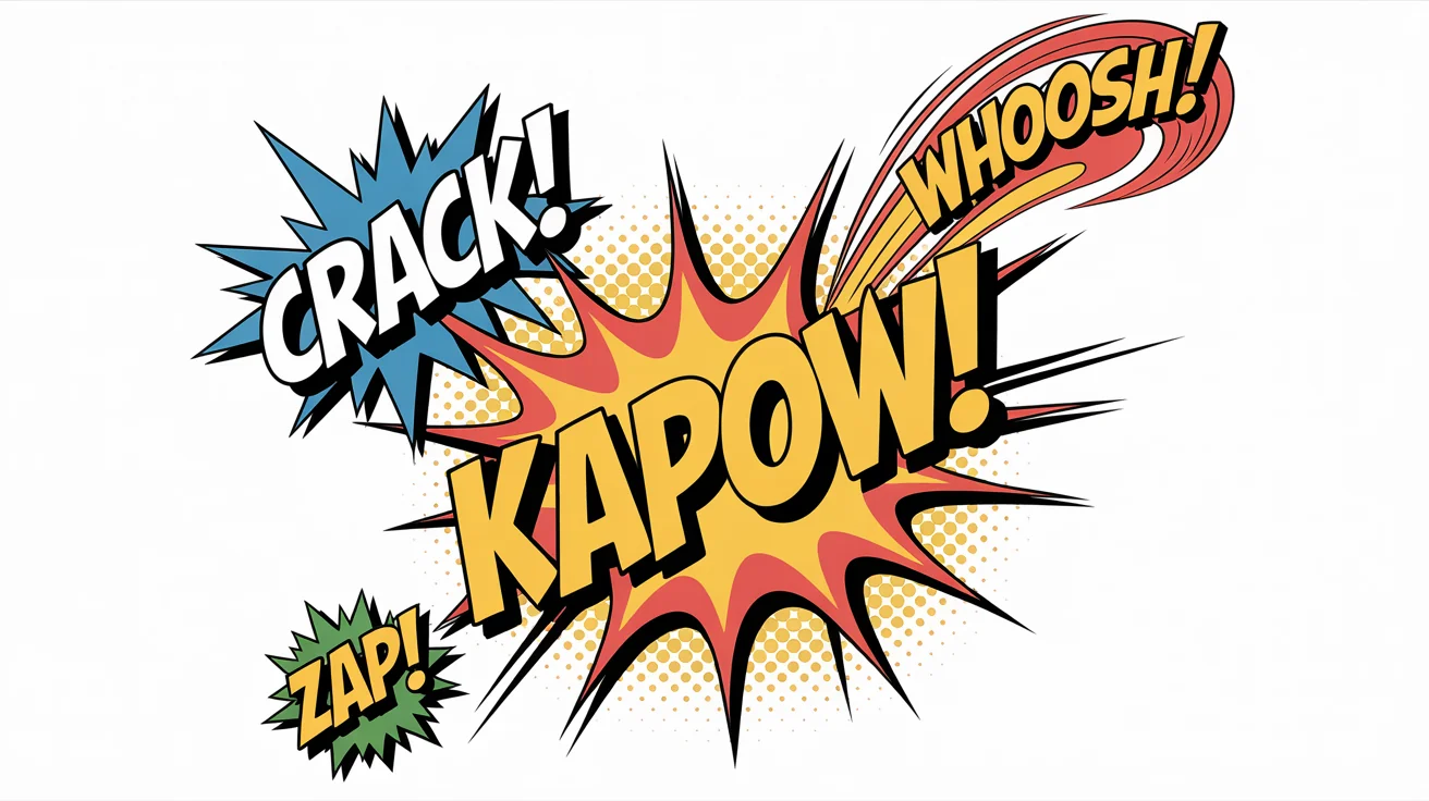 A vibrant pop-art illustration of comic book action effects on a white background. A central explosion reads 'KAPOW!' with smaller bursts reading 'CRACK!' and 'ZAP!' radiating outwards in a dynamic, colorful display.