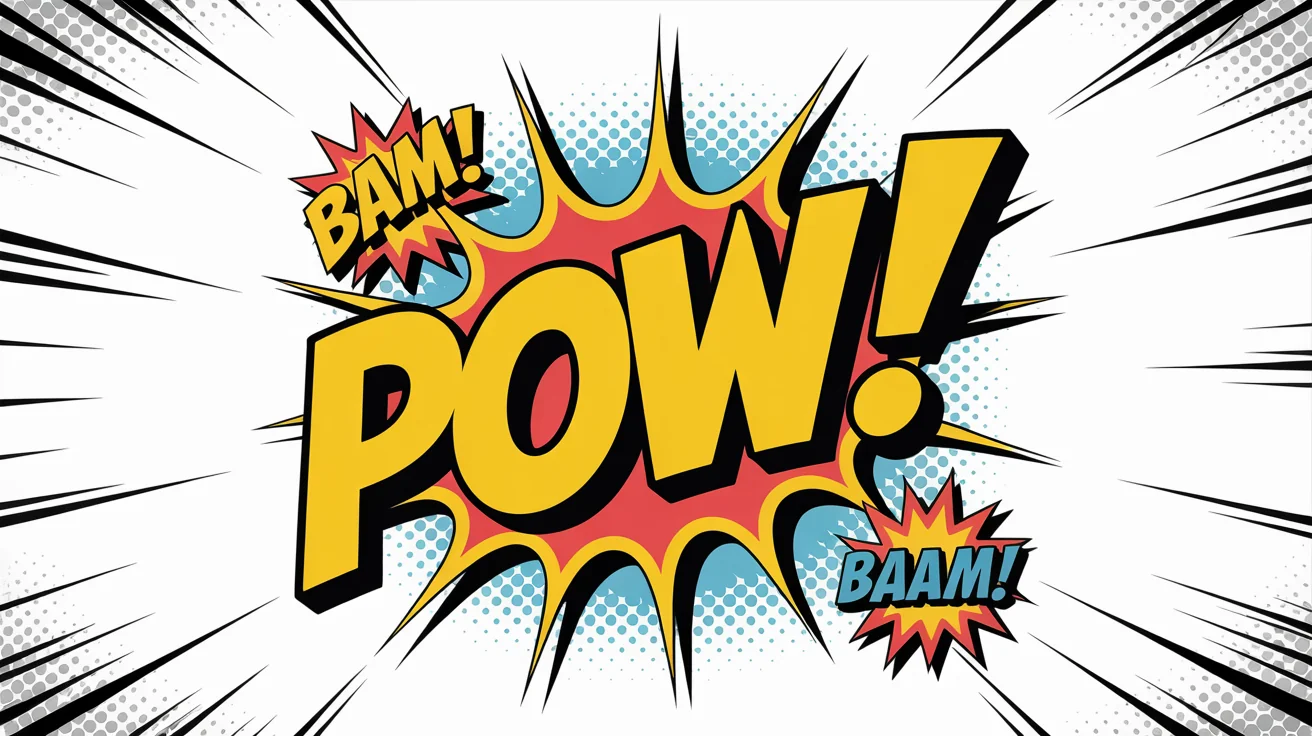 A pop art style illustration of comic book action lines on a white background. The word 'POW!' in yellow and red explodes from the center, surrounded by speed lines and a smaller 'BAM!'.