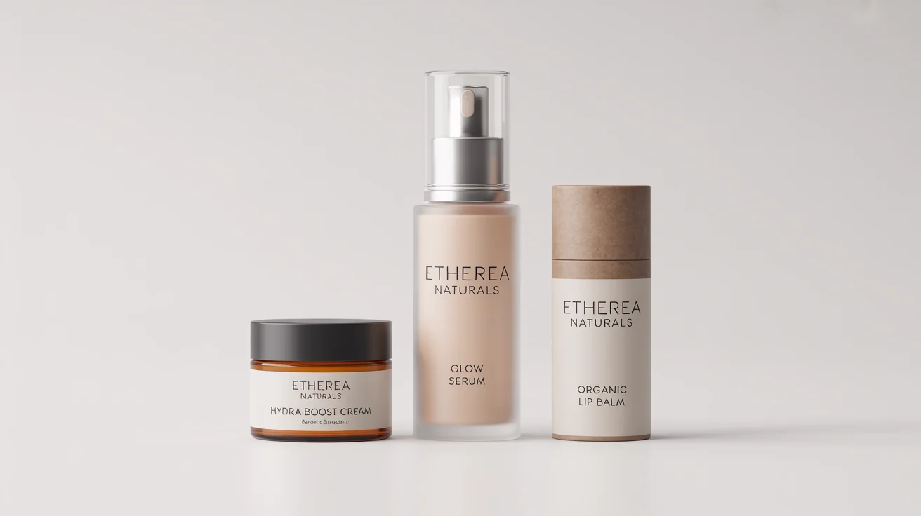 A collection of three cosmetic product mockups—a serum bottle, a cream jar, and a cardboard tube—all featuring consistent, elegant custom labels for the brand 'Etherea Naturals' on a white background.