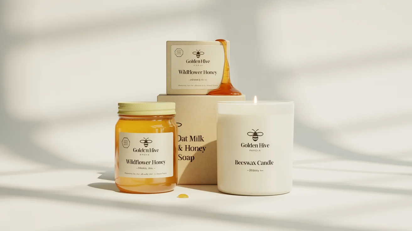 A photorealistic mockup of three products, a honey jar, a soap box, and a candle, all featuring a cohesive and elegant custom label design for the brand 'Golden Hive' on a white background.