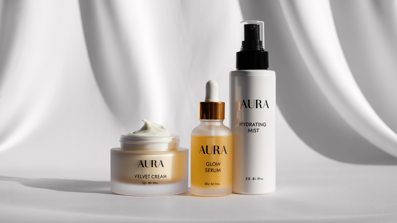 A collection of three cosmetic products, a cream jar, a serum bottle, and a mist spray, showcased as a product mockup. Each product features a custom, minimalist label with the brand name 'AURA' and individual product names, set against a clean white background.