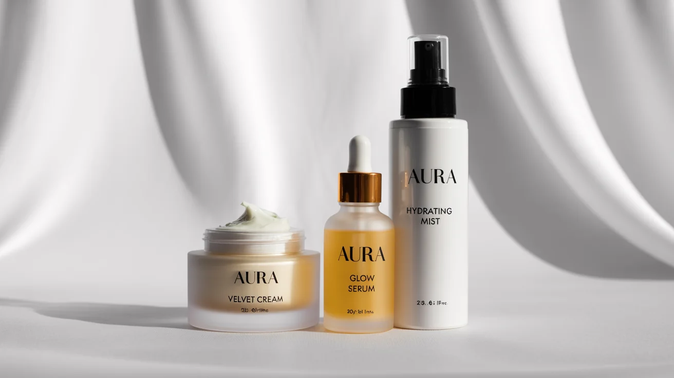 A collection of three cosmetic products, a cream jar, a serum bottle, and a mist spray, showcased as a product mockup. Each product features a custom, minimalist label with the brand name 'AURA' and individual product names, set against a clean white background.