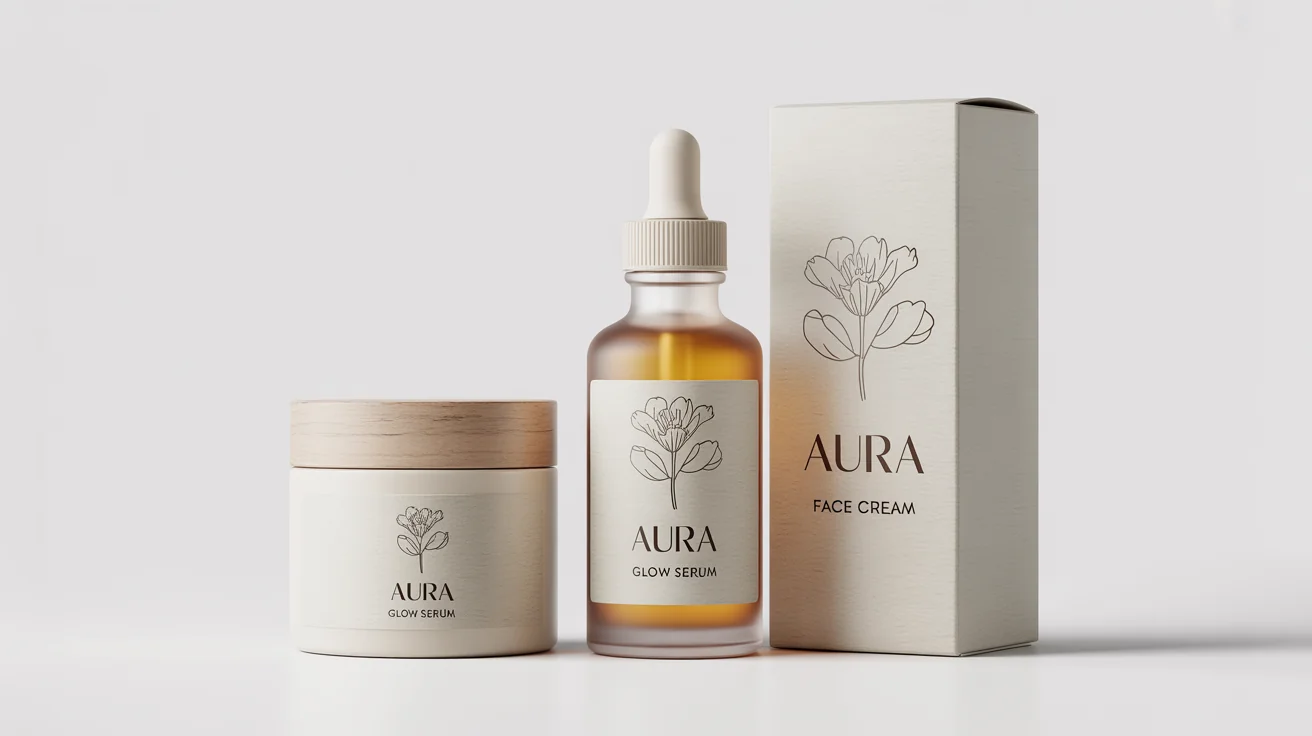A mockup of three cosmetic products, a serum bottle, a cream jar, and a box, all featuring a cohesive, minimalist custom label with the brand name 'AURA', displayed against a clean white background.
