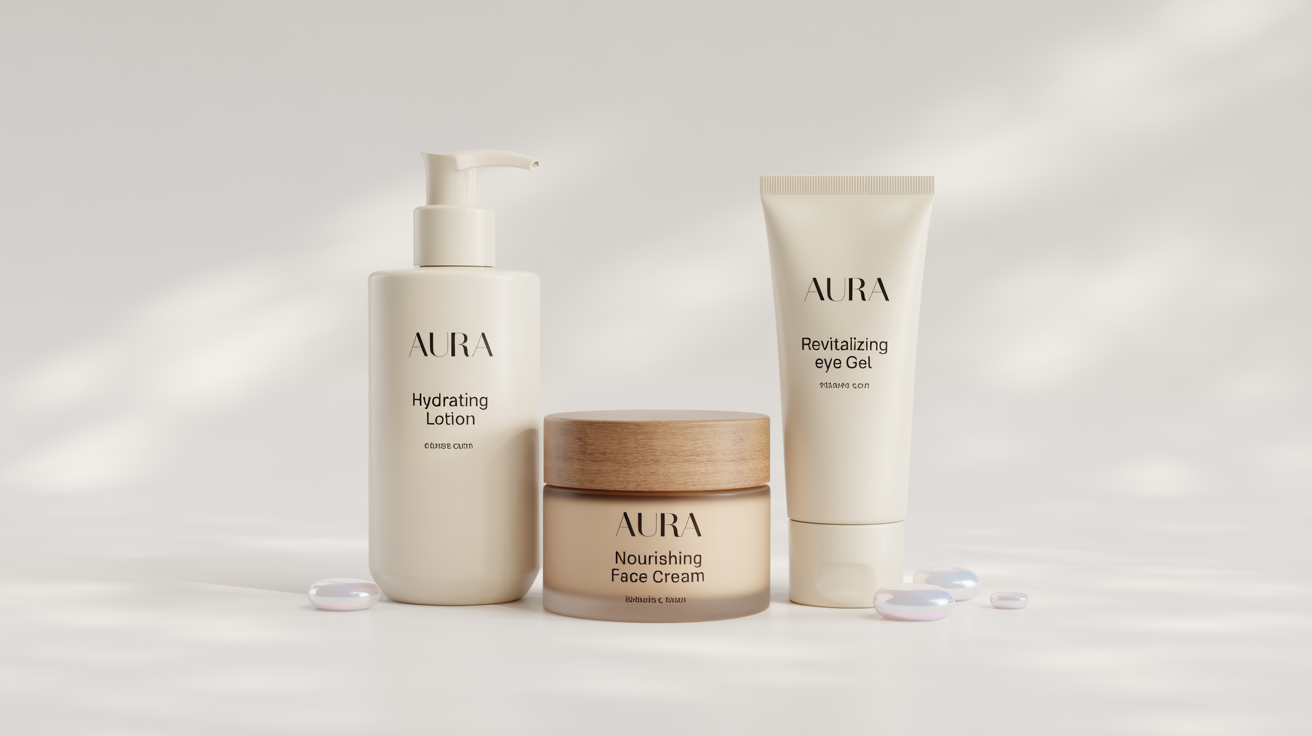 A product mockup of three cosmetic items, a lotion bottle, a cream jar, and an eye gel tube, on a white background, each with a custom label for the brand 'AURA'.