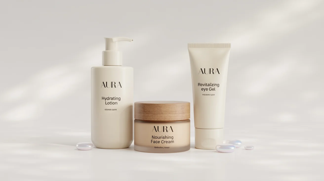 A product mockup of three cosmetic items, a lotion bottle, a cream jar, and an eye gel tube, on a white background, each with a custom label for the brand 'AURA'.