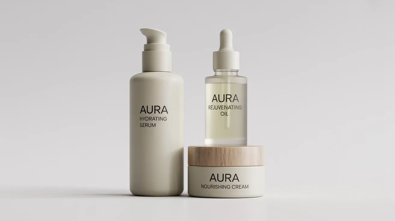 A professional mockup of three cosmetic products, a pump bottle, a dropper bottle, and a cream jar, each featuring a modern, custom label with the brand name 'AURA' and a product name, set against a clean white background.