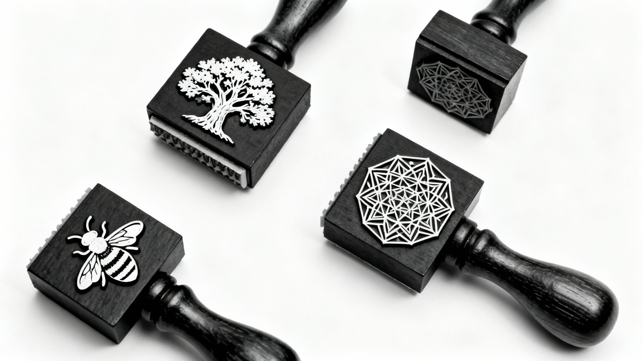 A top-down view of several custom black and white rubber stamps with wooden handles, showcasing intricate designs like an oak tree and a bee, arranged on a plain white surface.