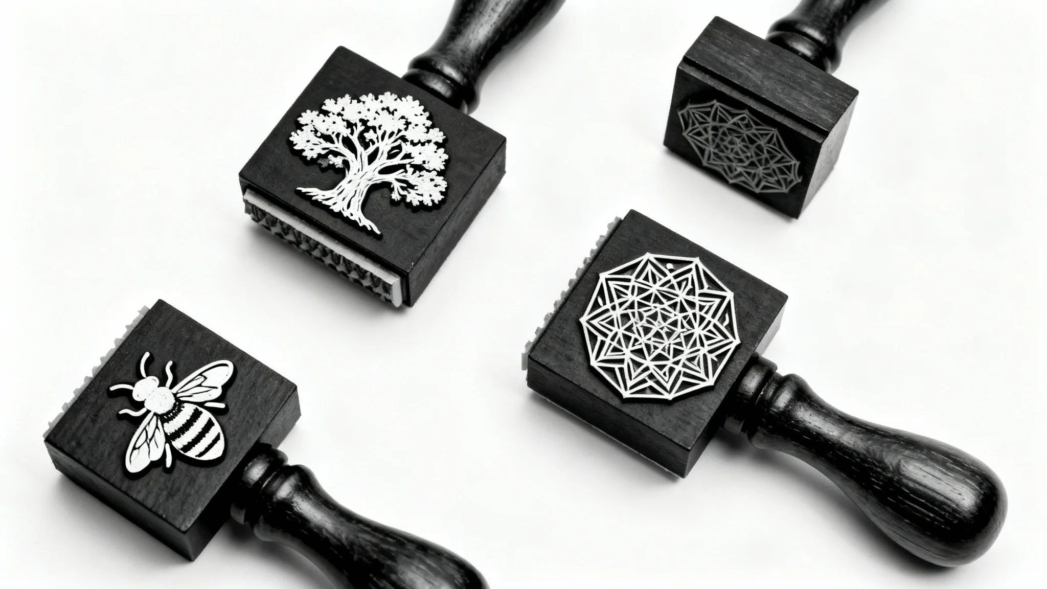 A top-down view of several custom black and white rubber stamps with wooden handles, showcasing intricate designs like an oak tree and a bee, arranged on a plain white surface.