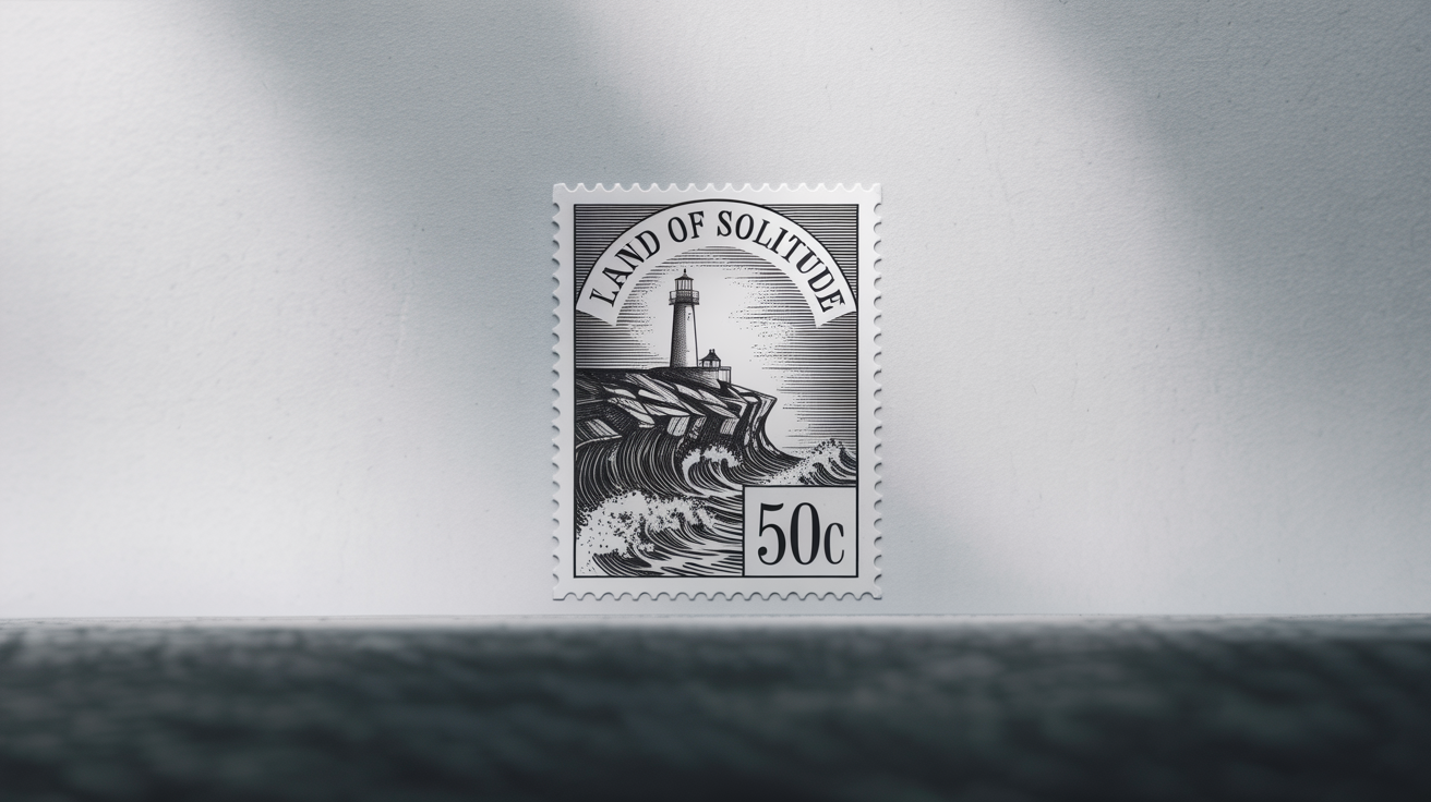 A black and white postage stamp mockup on a white background. The stamp features a detailed engraving of a lighthouse and has the text 'LAND OF SOLITUDE' and '50c'.