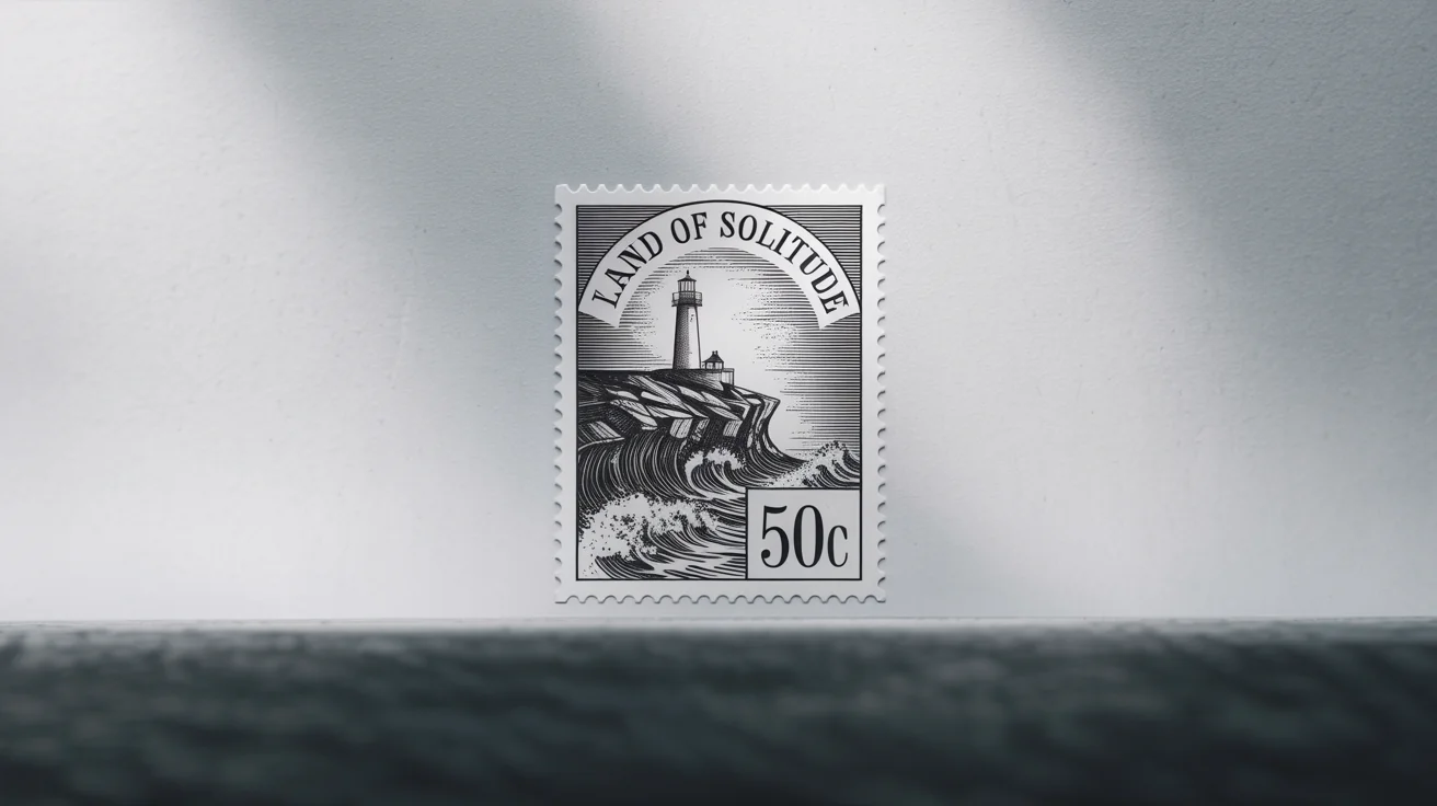 A black and white postage stamp mockup on a white background. The stamp features a detailed engraving of a lighthouse and has the text 'LAND OF SOLITUDE' and '50c'.