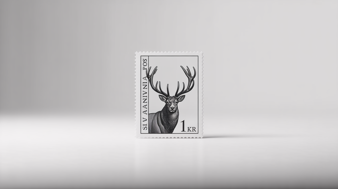 A detailed mockup of a classic black and white postage stamp featuring an engraved illustration of a stag, on a clean white background.