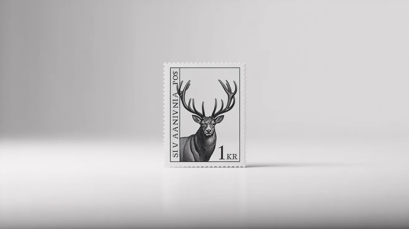 A detailed mockup of a classic black and white postage stamp featuring an engraved illustration of a stag, on a clean white background.