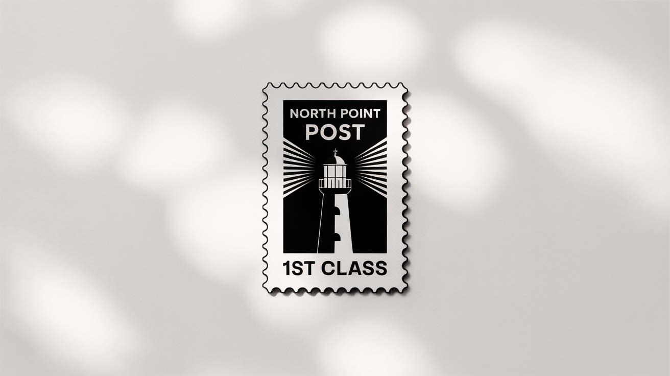 A black and white postage stamp mockup featuring a minimalist vector design of a lighthouse, isolated on a white background.