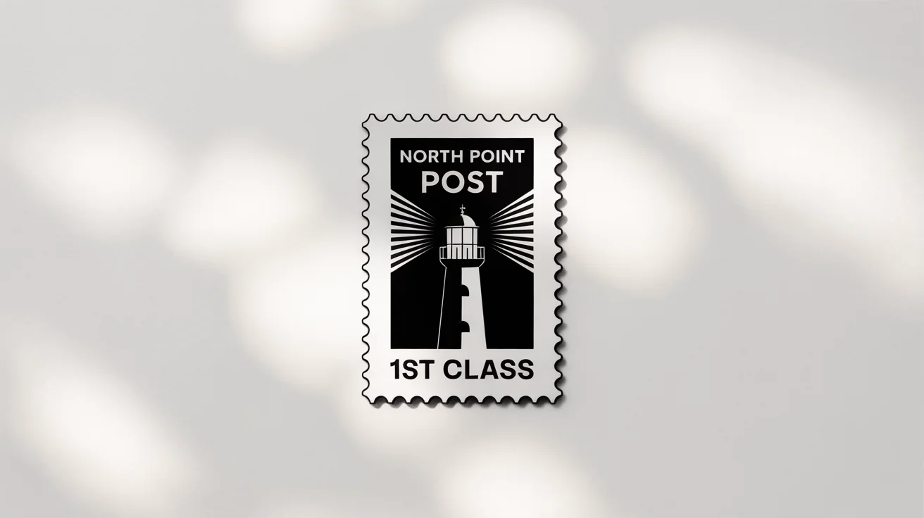 A black and white postage stamp mockup featuring a minimalist vector design of a lighthouse, isolated on a white background.