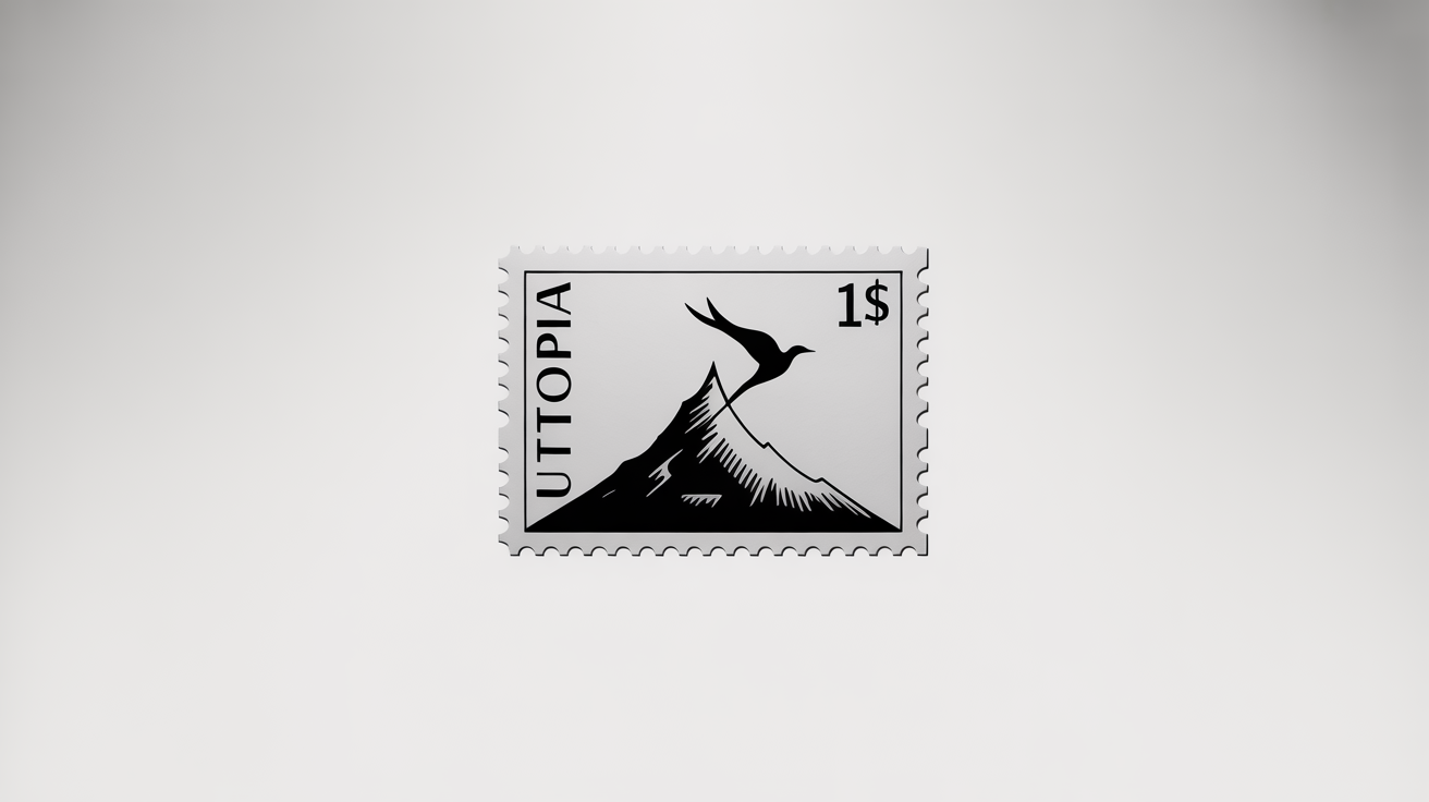 A close-up of a modern, black and white postage stamp mockup featuring a stylized mountain and bird design, on a clean white background.