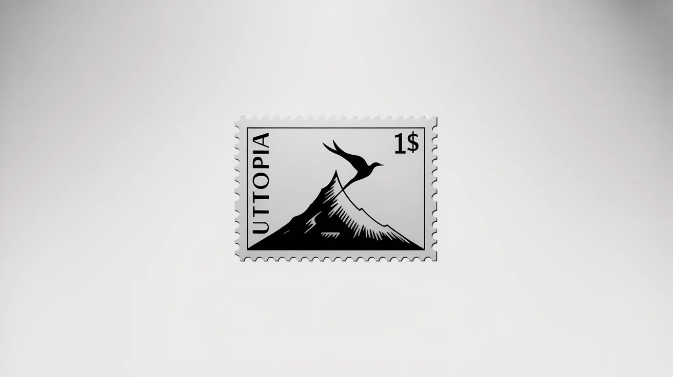 A close-up of a modern, black and white postage stamp mockup featuring a stylized mountain and bird design, on a clean white background.