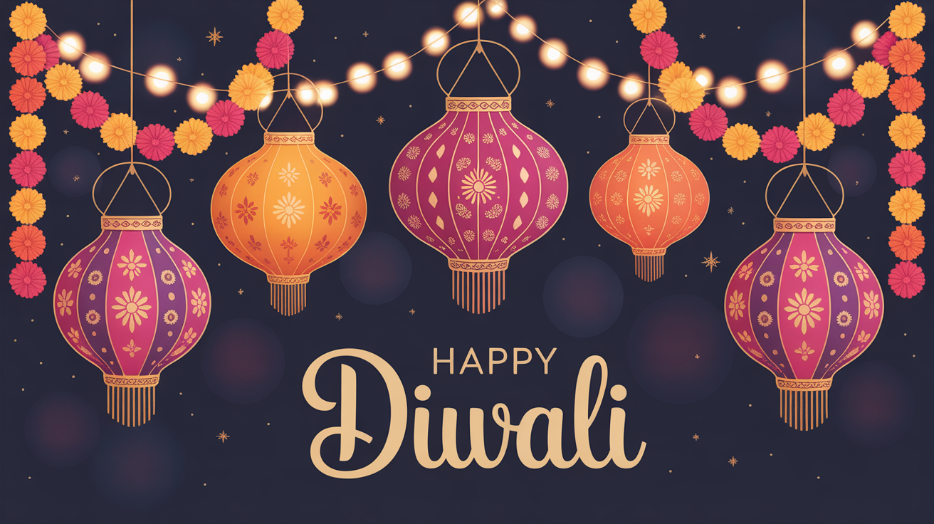 A professional digital illustration celebrating Diwali, showing beautifully designed glowing lanterns, marigold flowers, and the text 'Happy Diwali' in an elegant gold font.