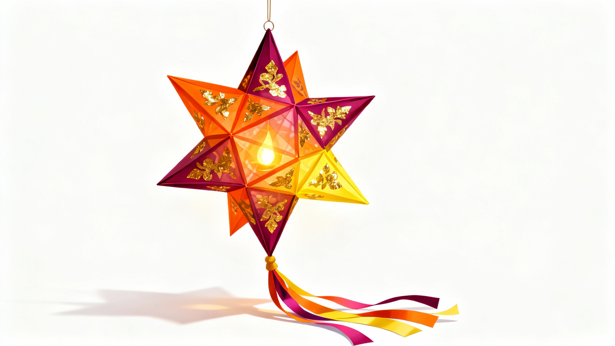 A detailed digital illustration of a single, ornate star-shaped Diwali lantern glowing warmly against a white background.