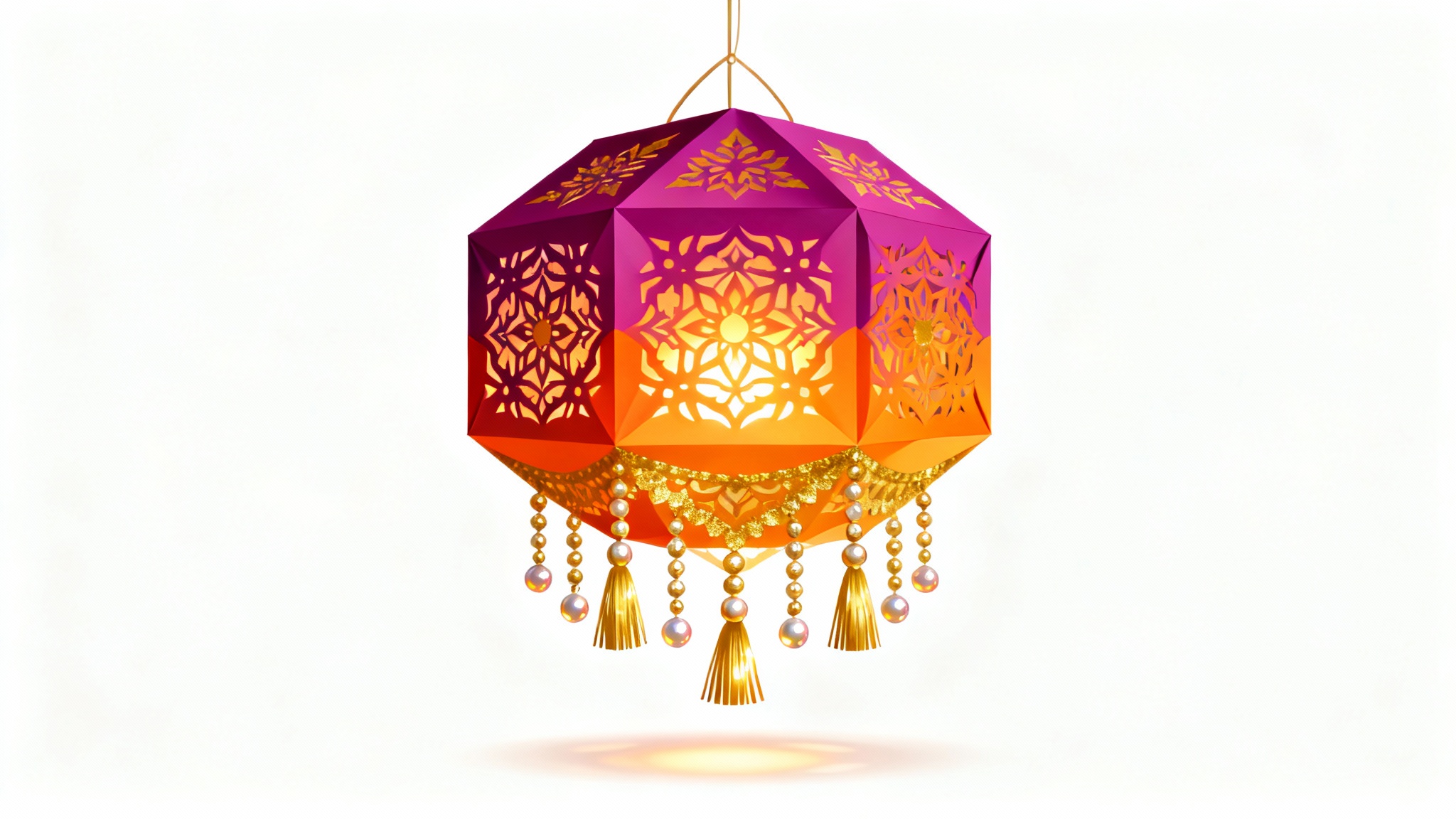 A beautiful digital illustration of a colorful, ornate Diwali lantern with a warm glow, presented against a plain white background.