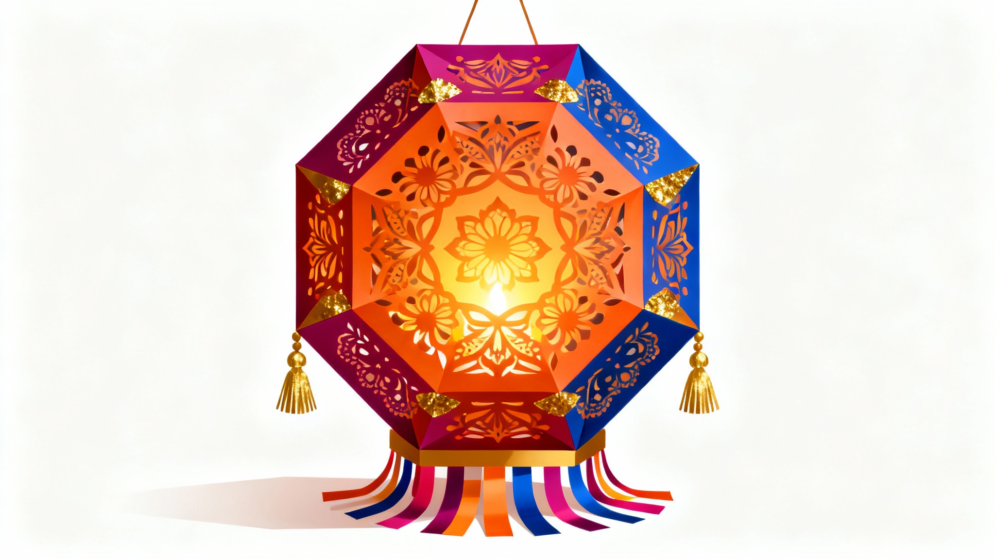 A vibrant vector illustration of a traditional octagonal Diwali lantern in magenta, orange, and blue, with intricate cutouts and golden tassels, glowing from within against a white background.