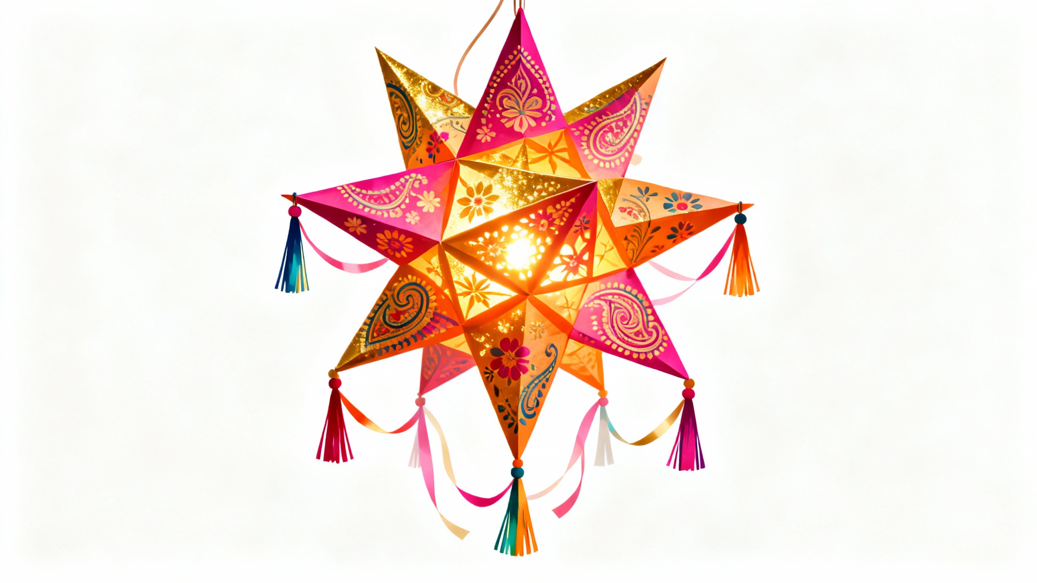 A vibrant digital illustration of a star-shaped Diwali lantern in pink, orange, and gold, glowing warmly against a clean white background.