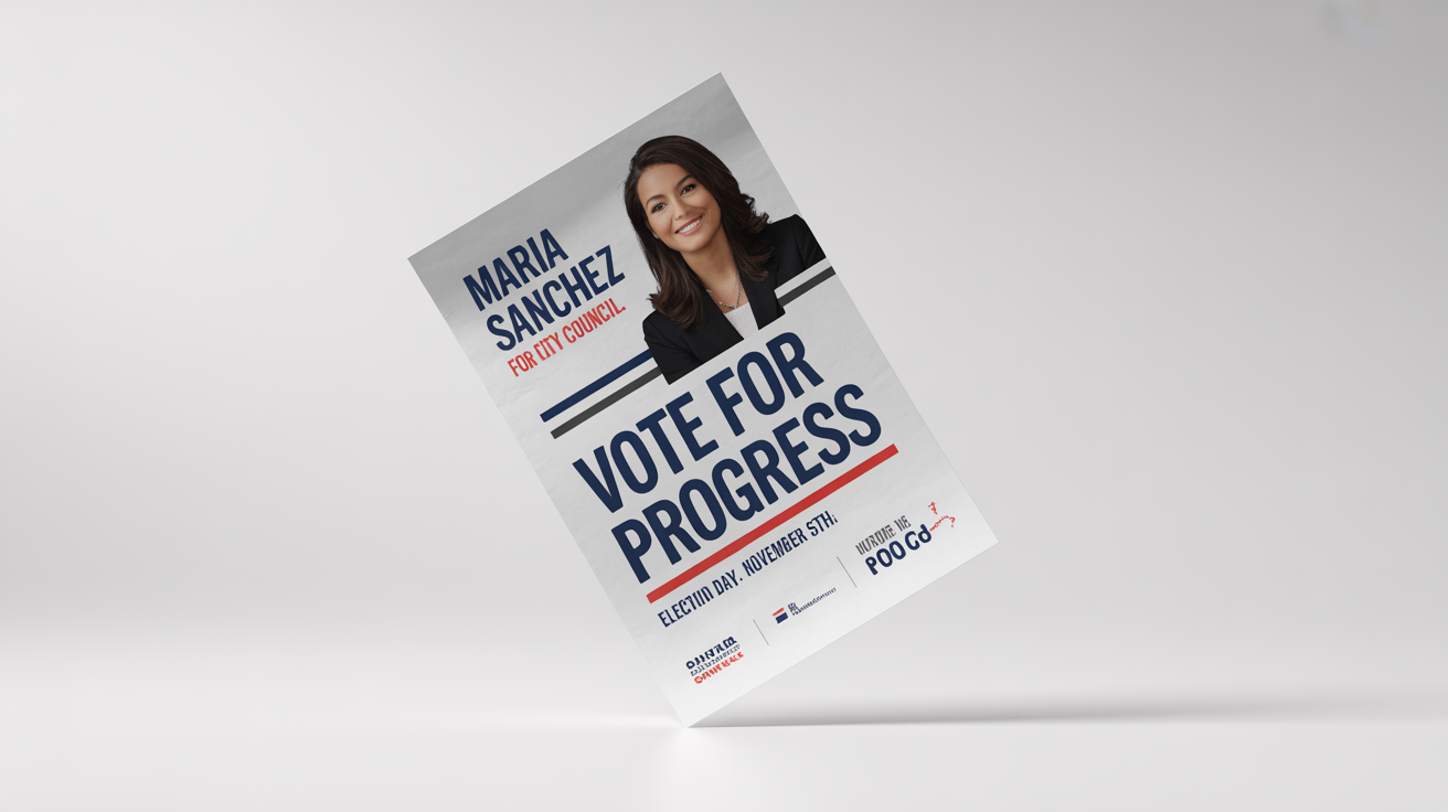 A professionally designed political campaign flyer for a fictional candidate, Maria Sanchez, displayed on a clean white background. The flyer uses a red, white, and blue color scheme with the text 'Vote for Progress'.