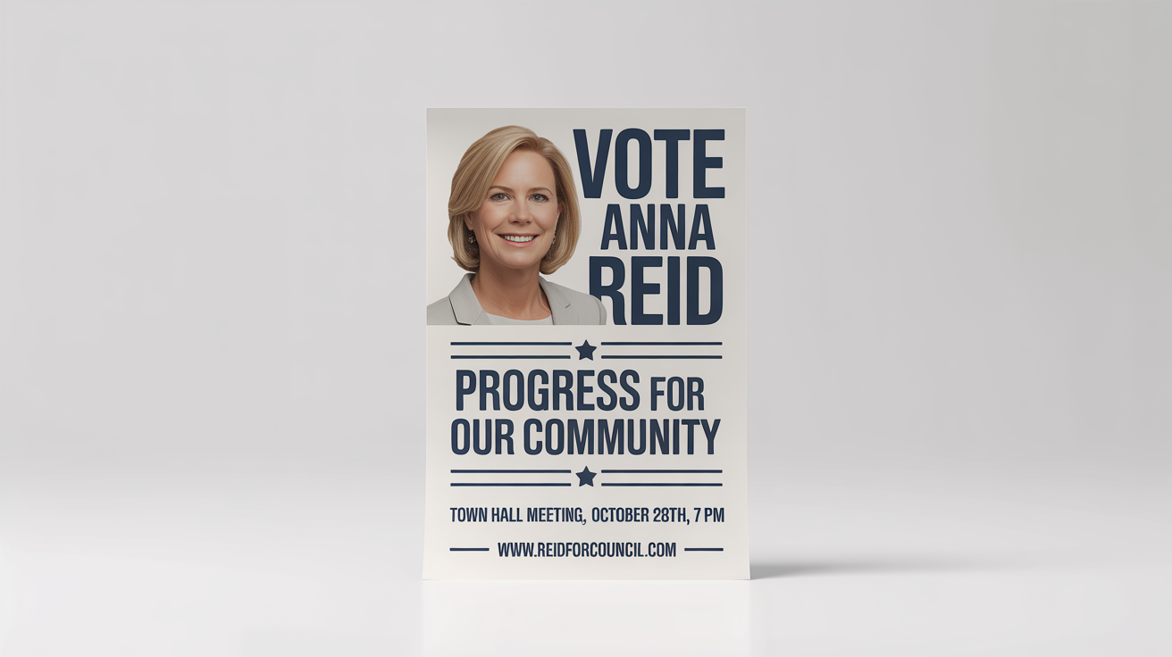 A professionally designed campaign flyer for a candidate named Anna Reid, with the slogan 'Progress for Our Community', displayed on a white background.