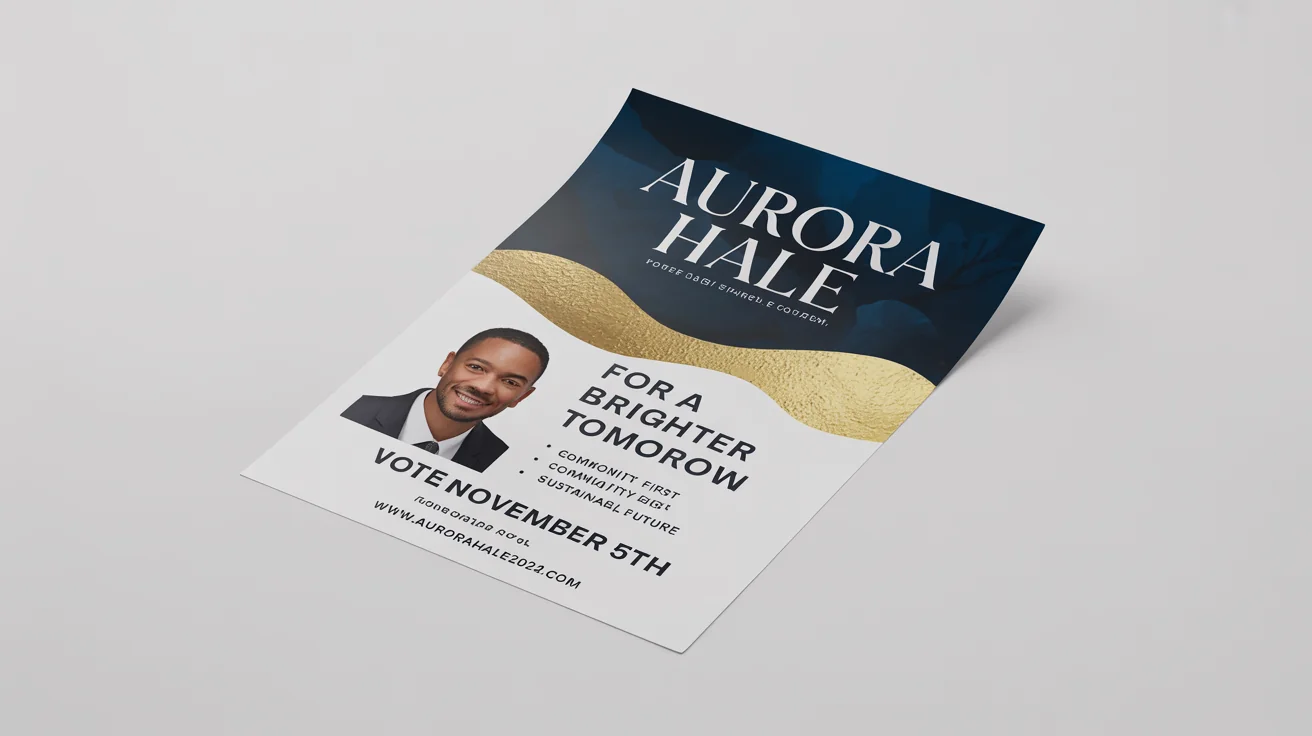 A professional mockup of a political campaign flyer for a fictional candidate named Aurora Hale. The flyer is set against a white background and uses a navy blue, gold, and white color scheme, with a clear call to action to 'VOTE NOVEMBER 5TH'.