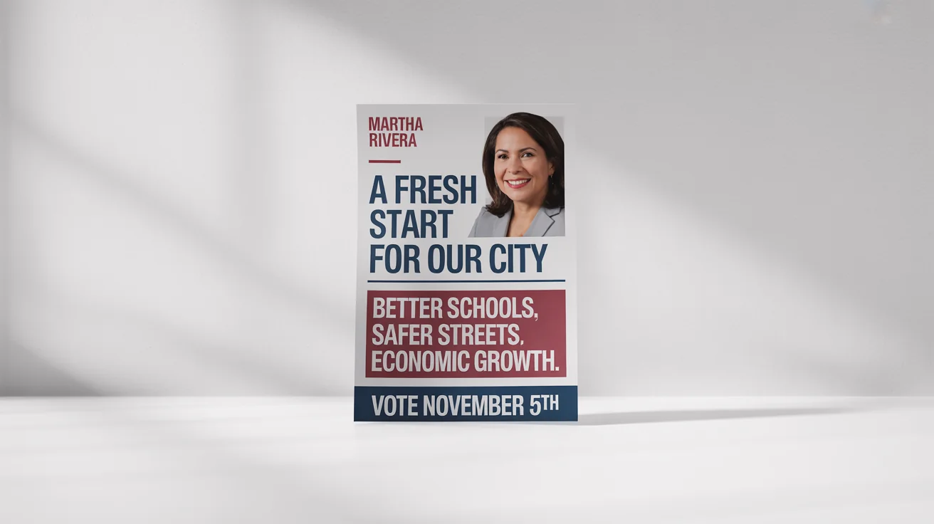 A mockup of a political campaign flyer for candidate 'Martha Rivera'. The flyer has a red, white, and blue color scheme, features a photo of the candidate, and a call to 'Vote November 5th'.