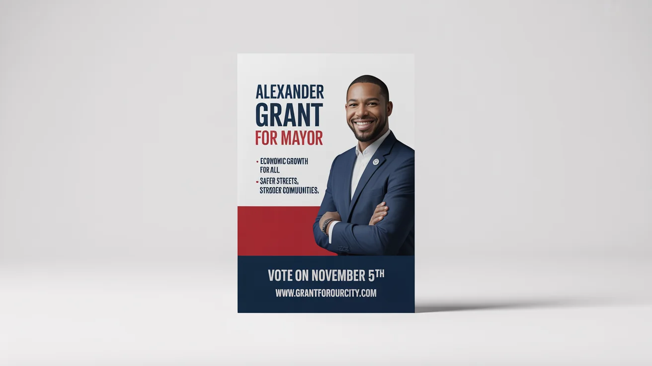 A modern political campaign flyer mockup for a mayoral candidate named Alexander Grant, featuring his photo and key campaign points on a white background.