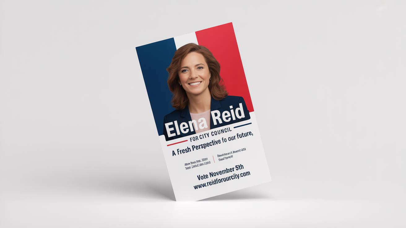A professionally designed campaign flyer for a fictional candidate named 'Elena Reid for City Council,' featuring her photo and the slogan 'A Fresh Perspective for Our Future,' displayed on a white background.