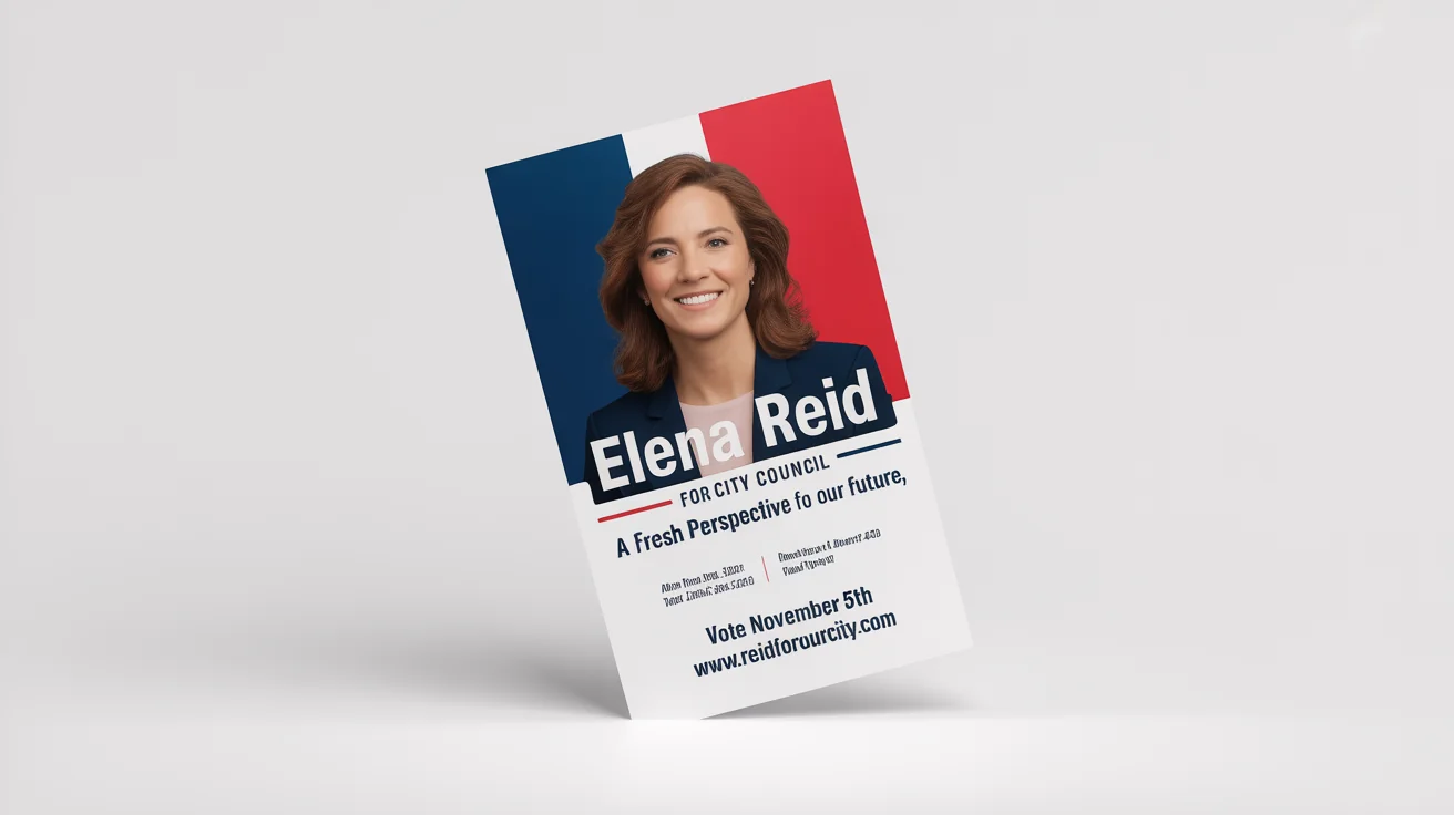 A professionally designed campaign flyer for a fictional candidate named 'Elena Reid for City Council,' featuring her photo and the slogan 'A Fresh Perspective for Our Future,' displayed on a white background.