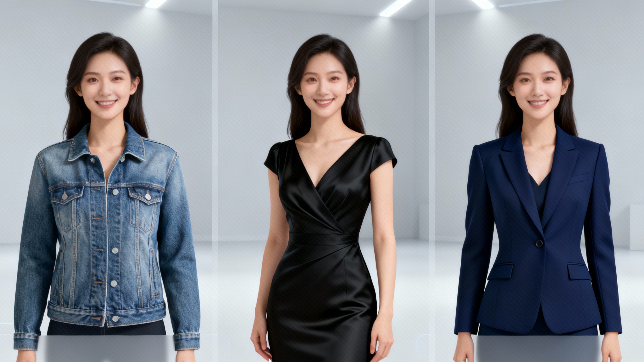 A woman demonstrates a virtual clothes swap feature, shown in three side-by-side panels wearing a denim jacket, a black formal dress, and a navy blazer.