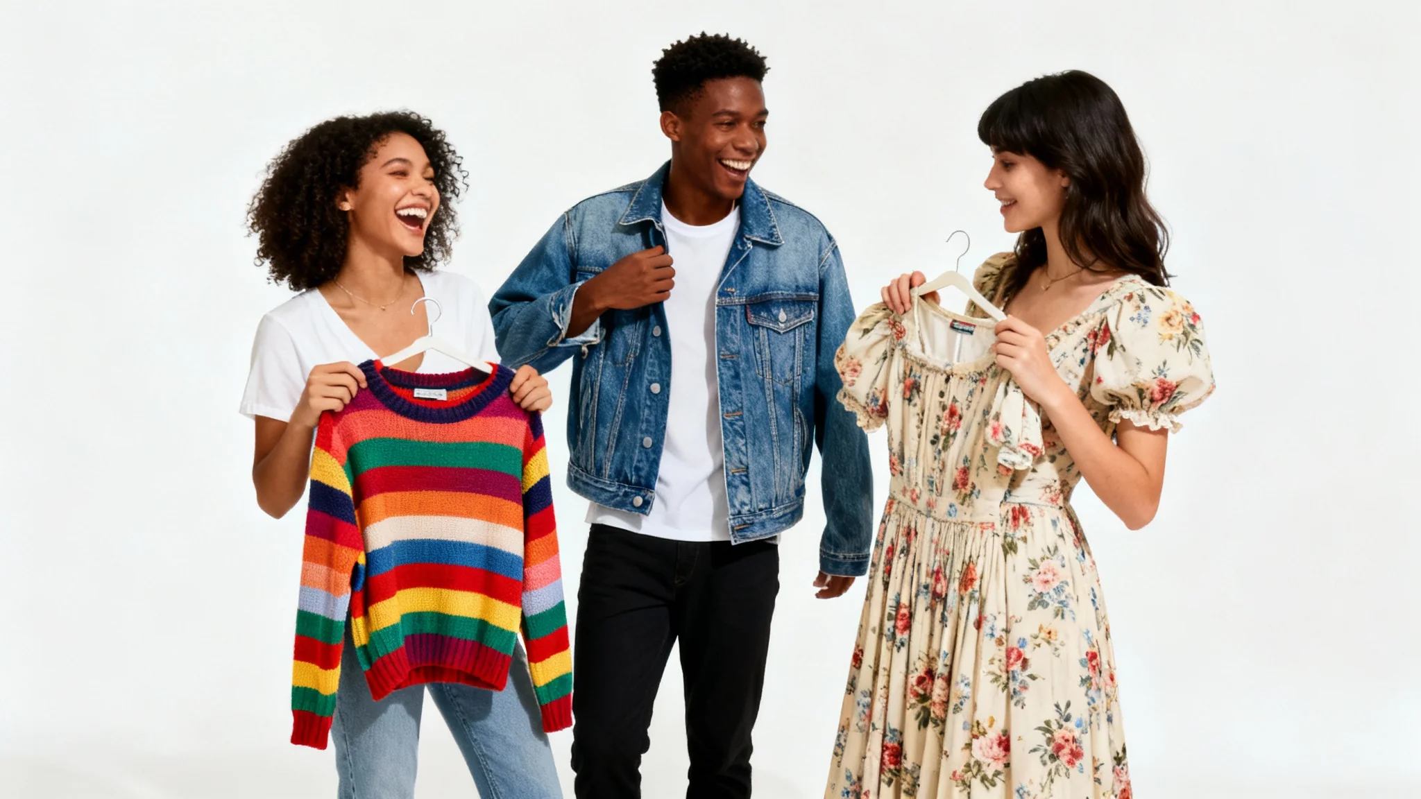 Three stylish and happy young adults participating in a clothes swap against a clean white background, joyfully showing each other trendy clothes like a sweater, a jacket, and a dress.