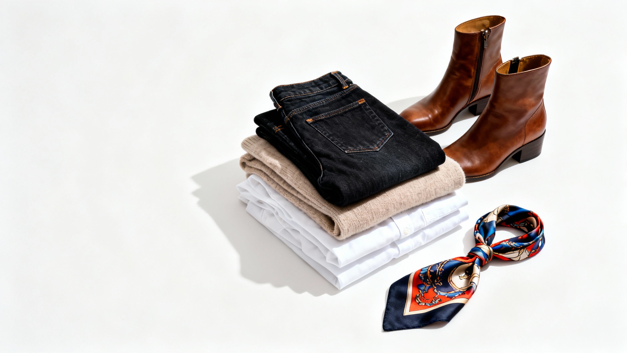 A top-down flat lay of neatly arranged clothes for a swap, including a stack of jeans and sweaters, a pair of boots, and a colorful scarf, all on a clean white background.