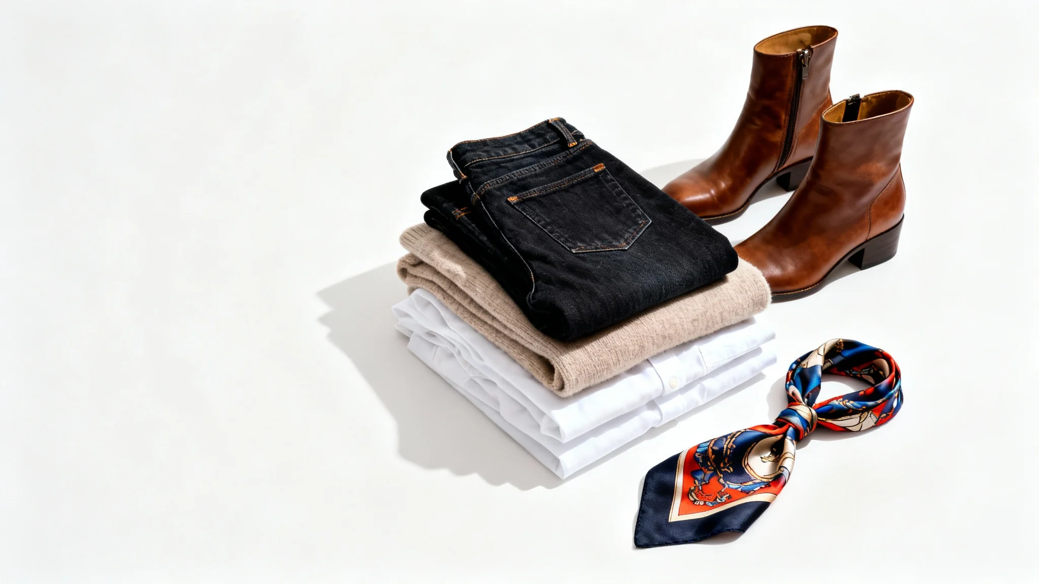 A top-down flat lay of neatly arranged clothes for a swap, including a stack of jeans and sweaters, a pair of boots, and a colorful scarf, all on a clean white background.