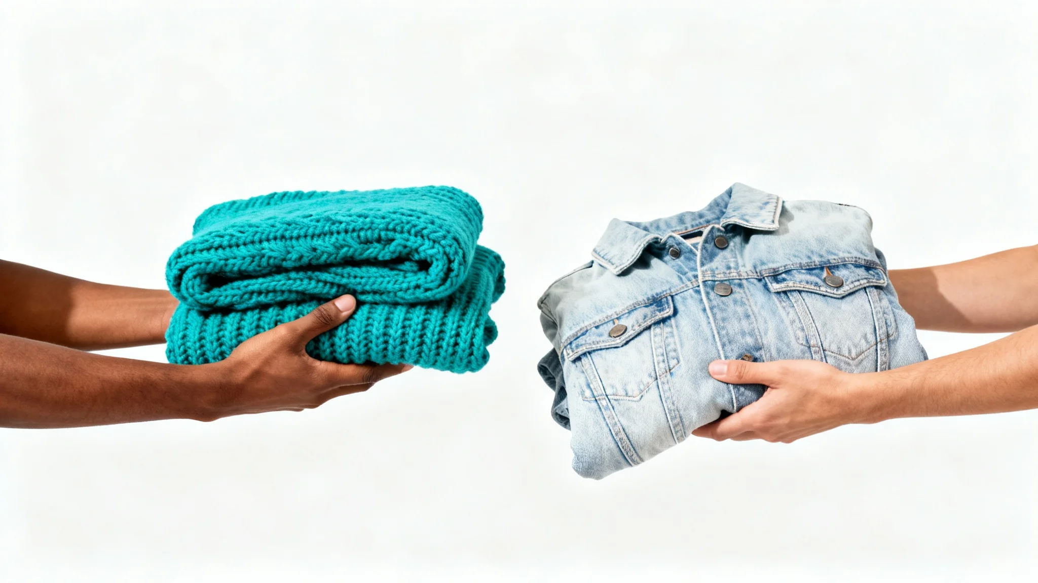 A studio shot showing two people's hands swapping clothes; one person exchanges a teal sweater for a denim jacket, symbolizing a clothes swap.
