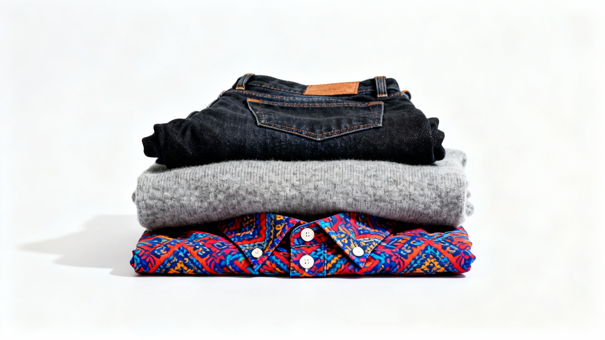 A neatly folded stack of stylish clothing, including jeans, a sweater, and a patterned shirt, sits on a plain white background, symbolizing a clothes swap.