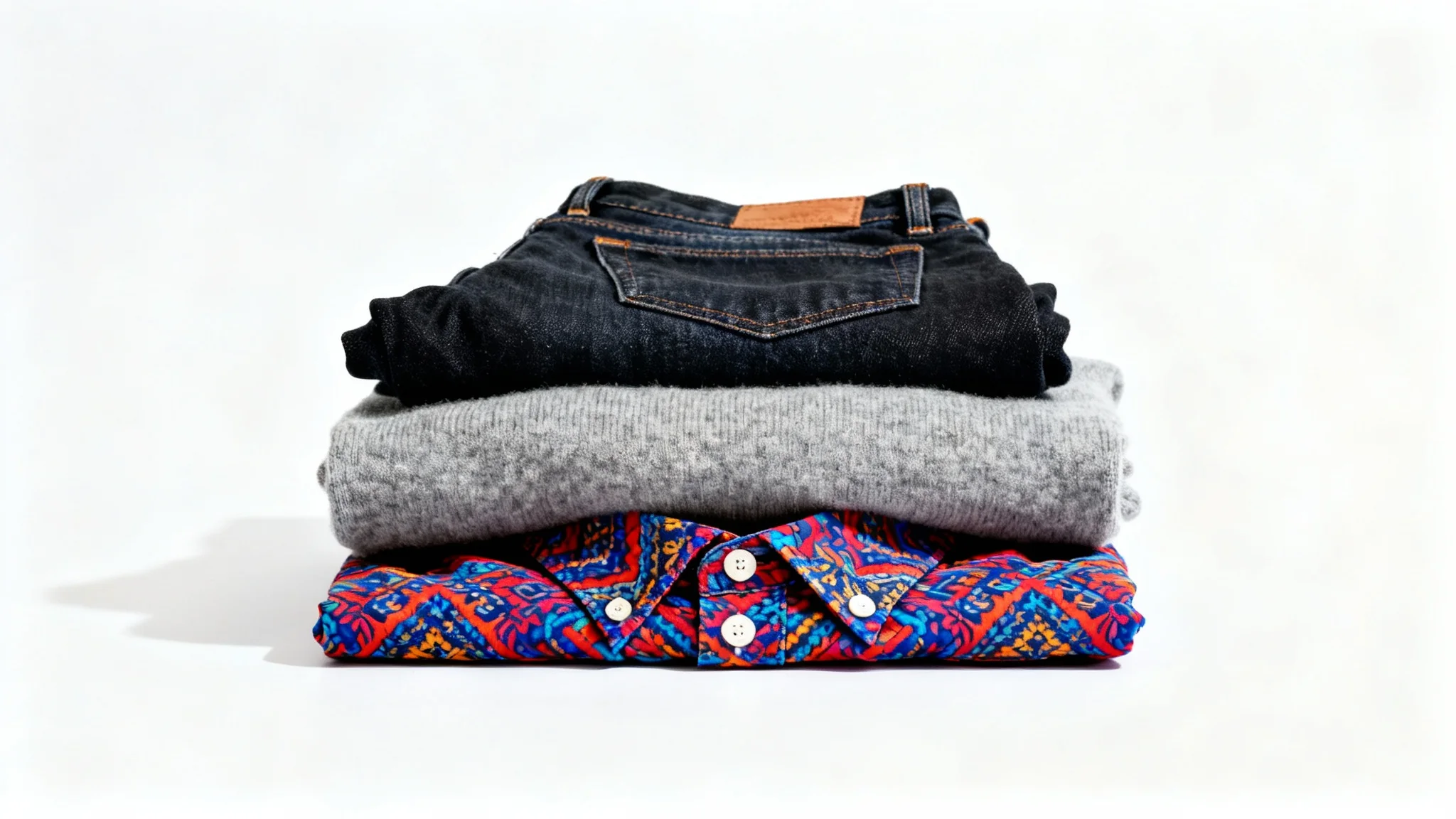 A neatly folded stack of stylish clothing, including jeans, a sweater, and a patterned shirt, sits on a plain white background, symbolizing a clothes swap.