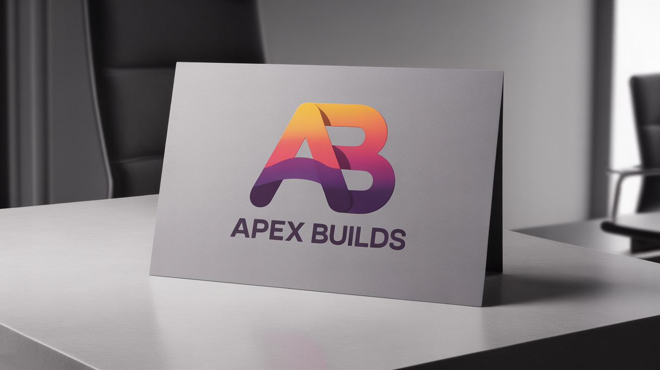 A professional mockup of a final logo design, showing a business card and letterhead with an interlocking 'AB' monogram in a vibrant purple-to-orange gradient.