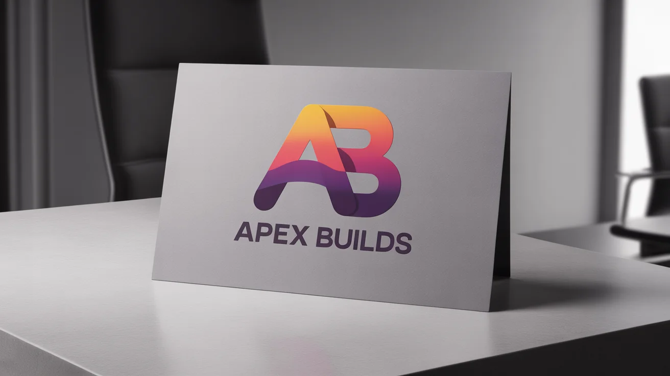 A professional mockup of a final logo design, showing a business card and letterhead with an interlocking 'AB' monogram in a vibrant purple-to-orange gradient.