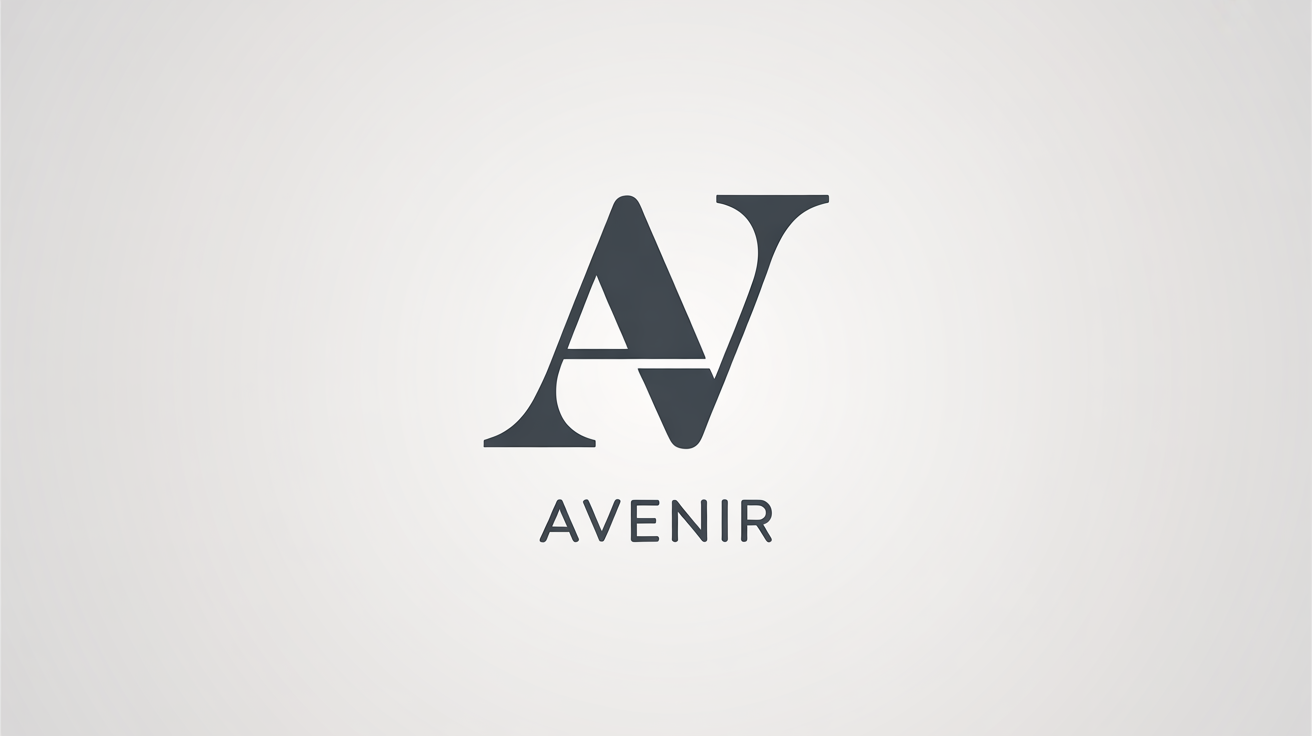 An elegant, minimalist logo featuring the interlocking letters 'A' and 'V' in matte black, with the text 'AVENIR' below it, all on a clean white background.