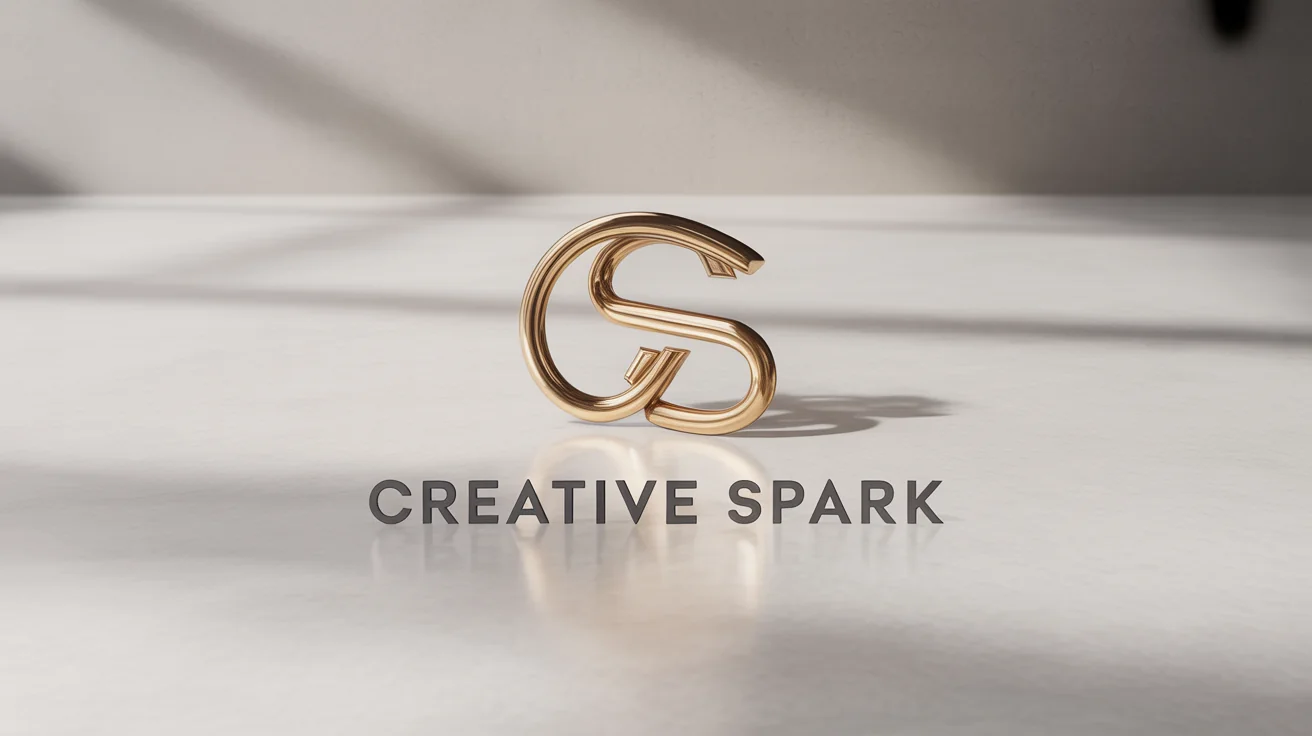 A minimalist 3D logo mockup featuring the interlocking letters 'C' and 'S' in polished gold, with the text 'Creative Spark' below it, all on a clean white background.