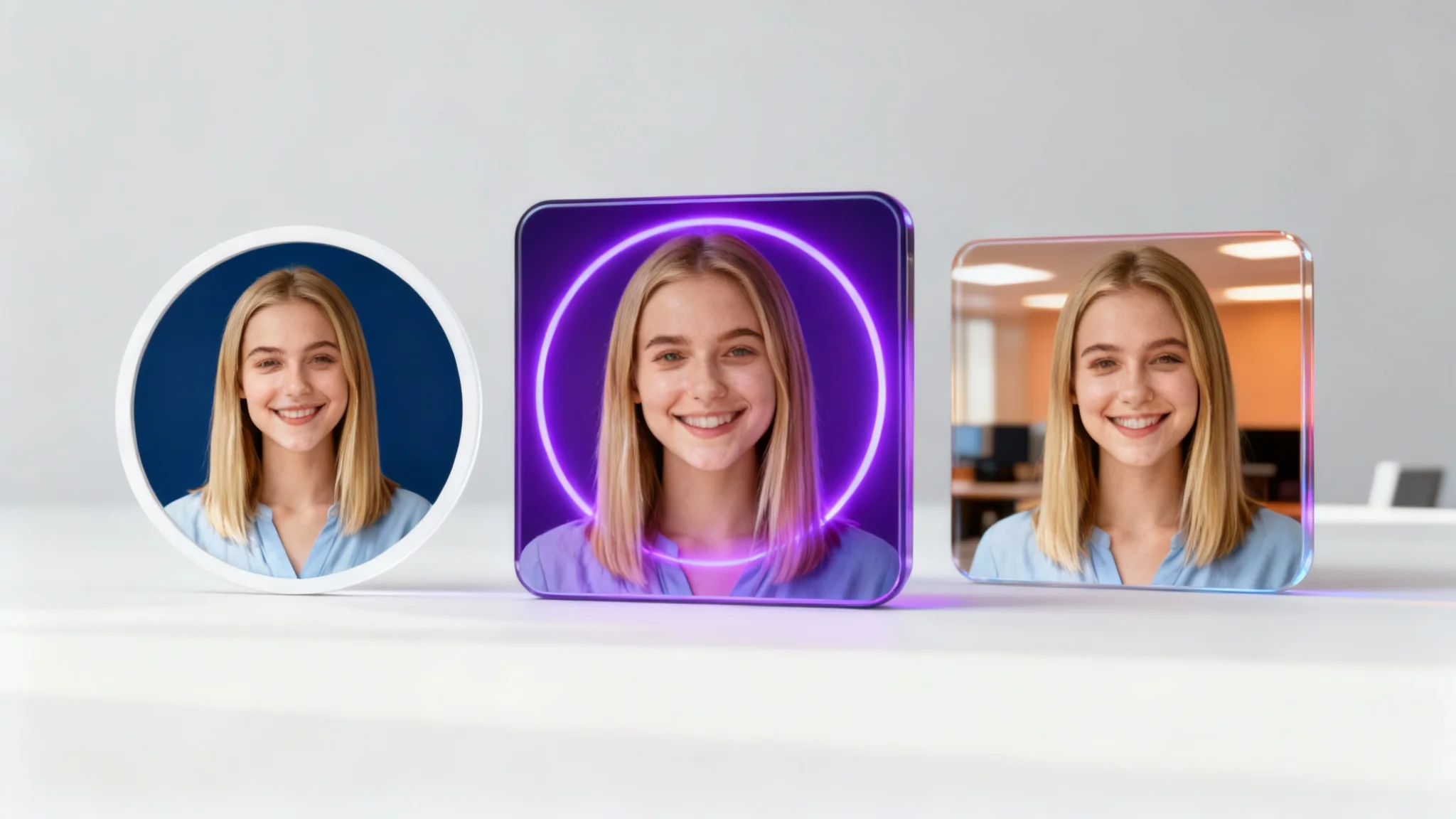 A hero image displaying the results of a profile picture tool, showing an original photo of a woman and several enhanced 'after' versions with different professional frames, backgrounds, and lighting styles.