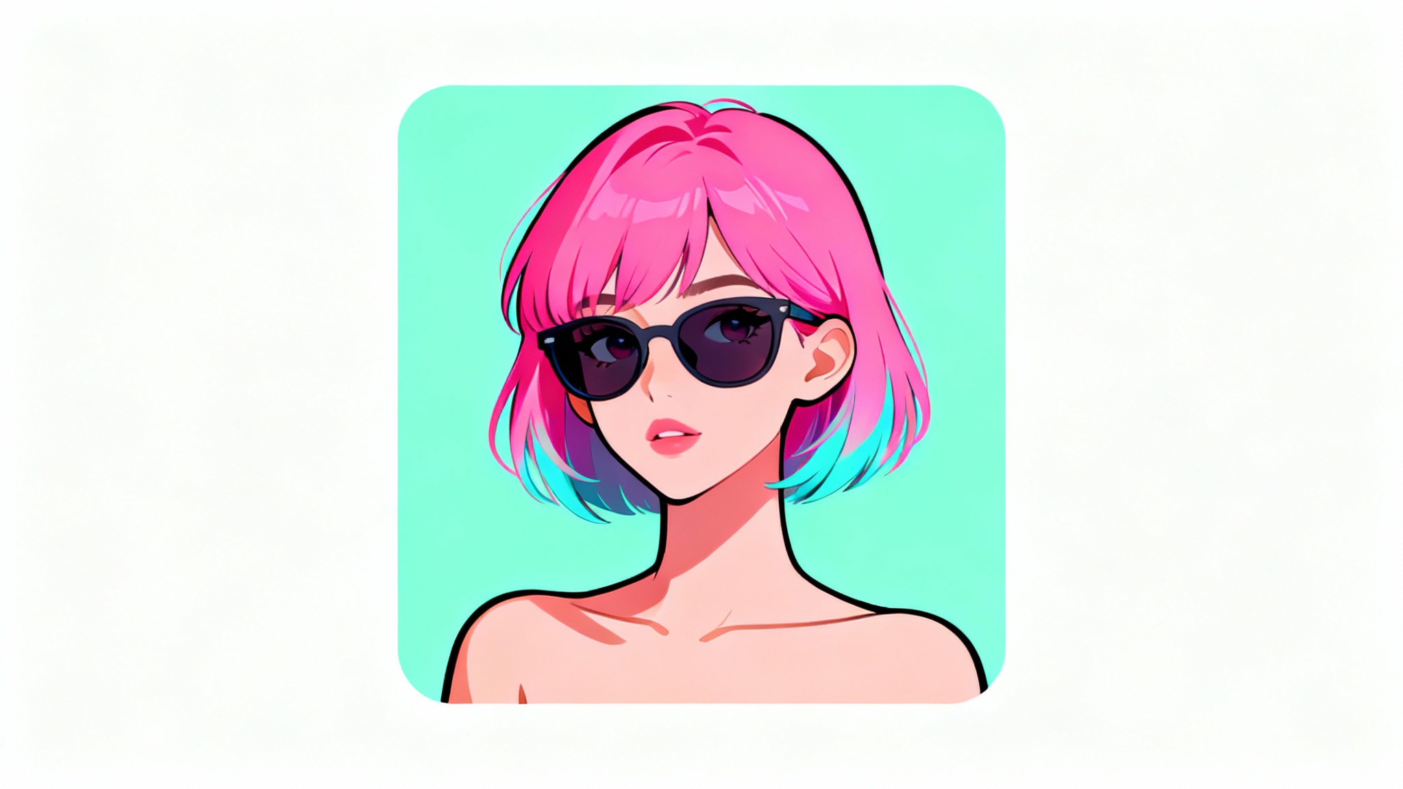 A mockup of a square profile picture featuring a modern, colorful digital illustration of a young woman with pink hair.