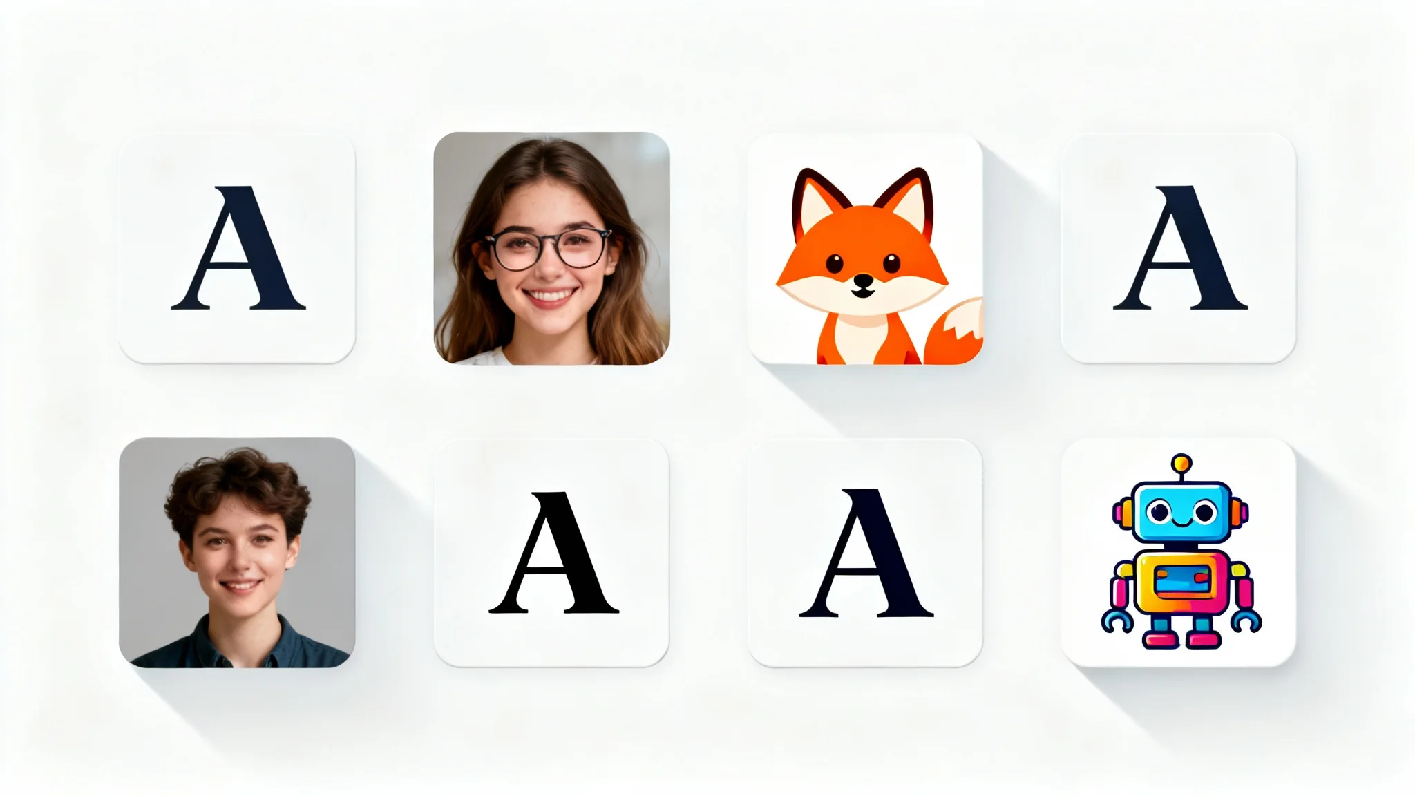 A collection of four different square profile pictures displayed on a white background, demonstrating variety in style including a portrait, a fox illustration, a monogram, and a robot cartoon.