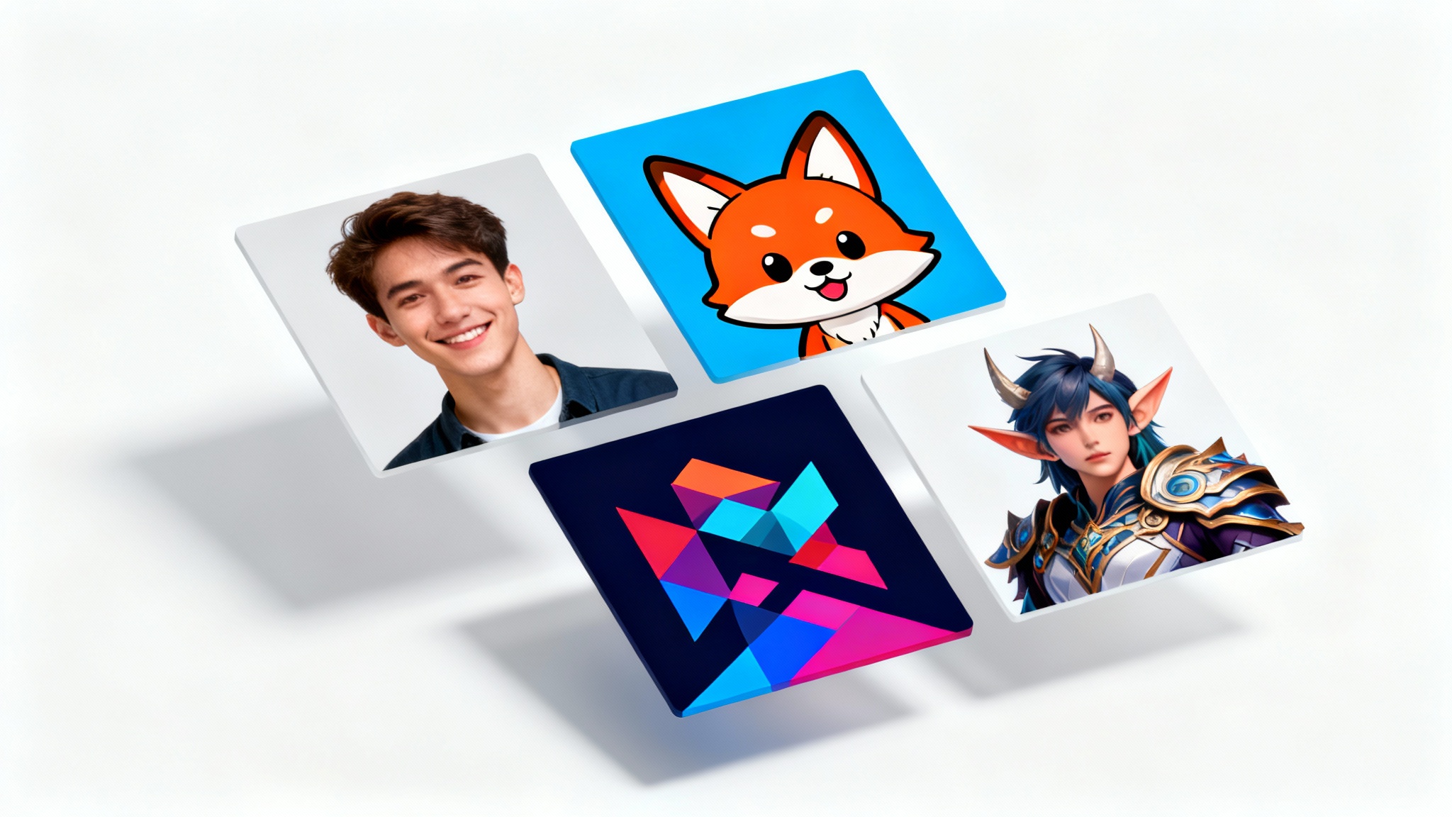 A mockup showcasing four different square profile pictures against a white background. The examples include a photorealistic man, a cartoon fox, an abstract design, and a fantasy character, demonstrating a variety of styles.