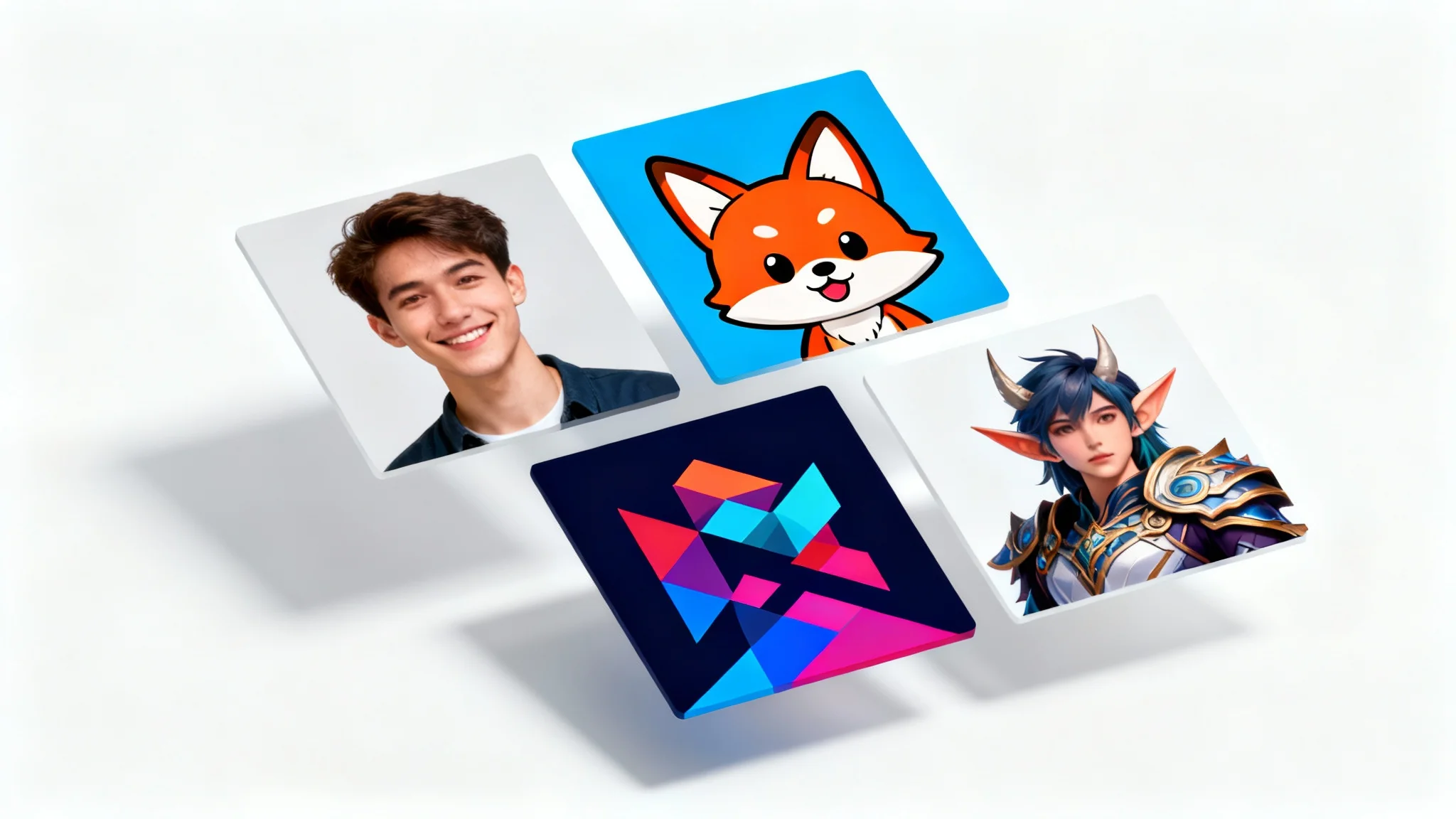 A mockup showcasing four different square profile pictures against a white background. The examples include a photorealistic man, a cartoon fox, an abstract design, and a fantasy character, demonstrating a variety of styles.
